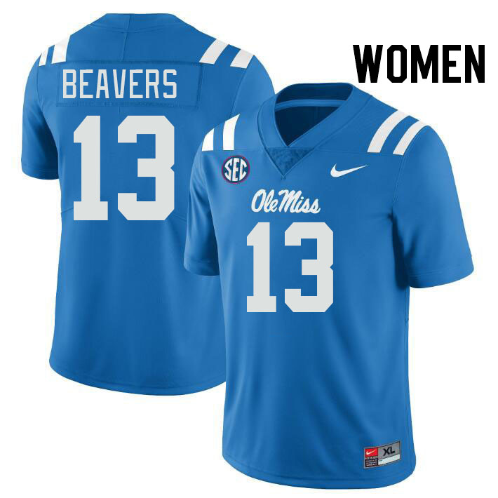Women #13 Cedrick Beavers Ole Miss Rebels College Football Jerseys Stitched-Power Blue